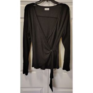 maurices 24/7 Black Faux-Wrap Top - Long Sleeve Side-Tie Large